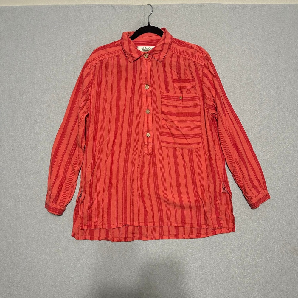 Free People We The Free Striped Henley Tunic Top Coral Red Small Boho LS Blouse